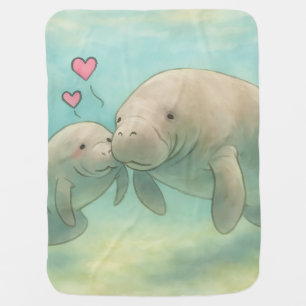 Mother and Baby Manatee Watercolor Illustration –  Baby Blanket