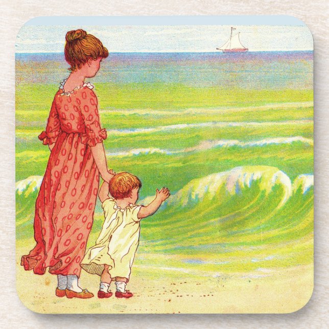 mother and baby on the beach beverage coaster (Front)