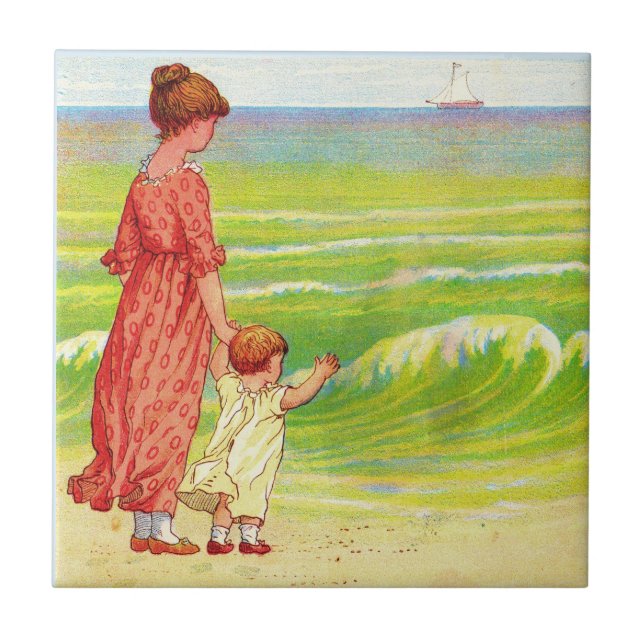 mother and baby on the beach ceramic tile (Front)