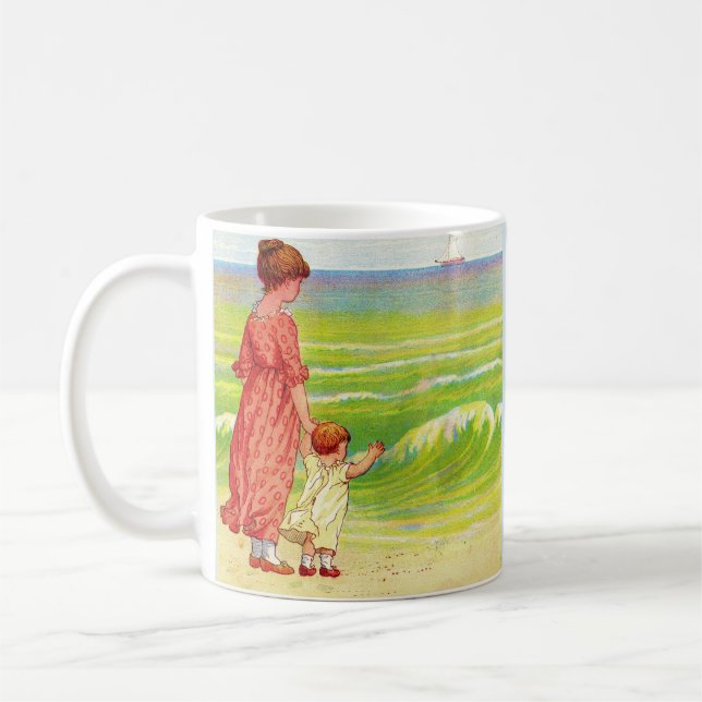 mother and baby on the beach coffee mug (Left)