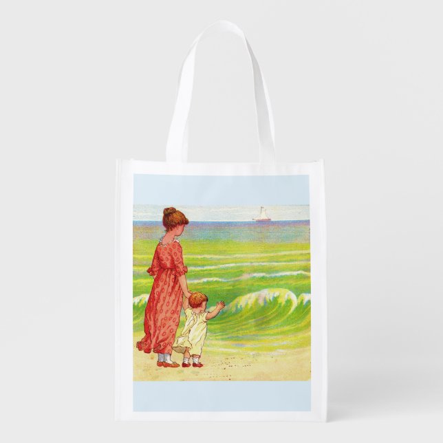mother and baby on the beach print grocery bag (Front)
