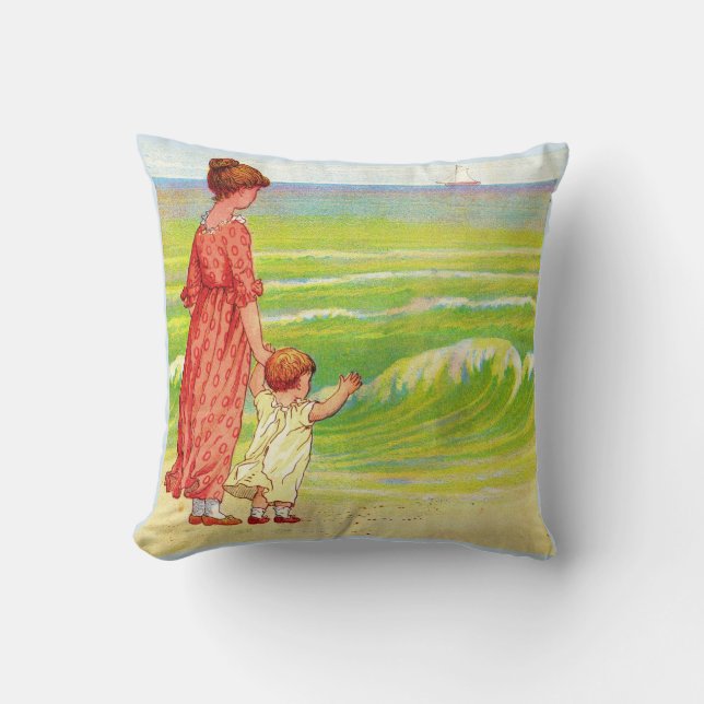 mother and baby on the beach print throw pillow (Front)