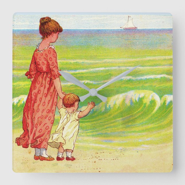 mother and baby on the beach square wall clock (Front)