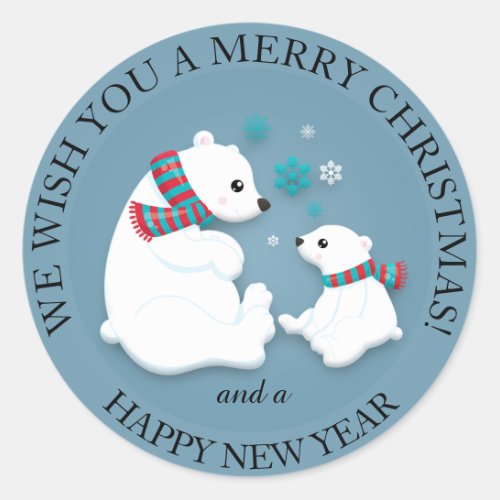 Mother and Baby Polar Bear Merry Christmas Classic Round Sticker