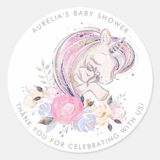 Mother and Baby Unicorn Baby Shower Thank You Classic Round Sticker (Front)