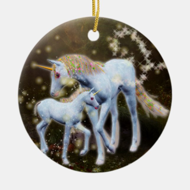 Mother and Baby Unicorn Ceramic Ornament (Front)