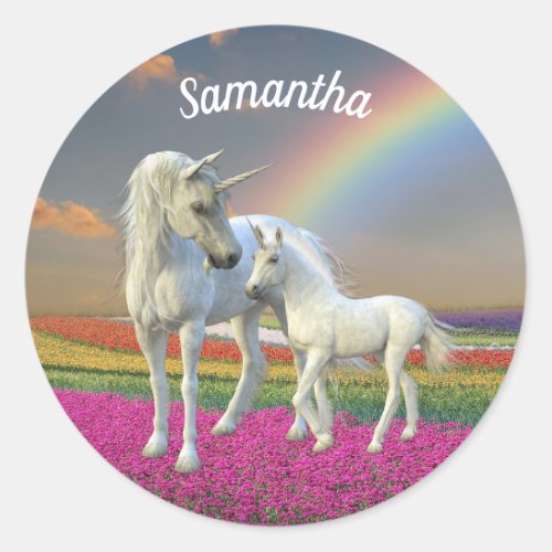 Mother and Baby Unicorn Foal Rainbow Classic Round Sticker