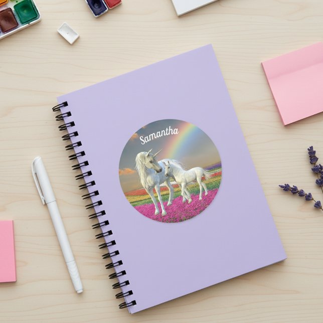Mother and Baby Unicorn Foal Rainbow Classic Round Sticker (Creator Uploaded)