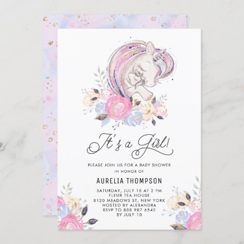 Mother and Baby Unicorn Its a Girl Baby Shower Invitation