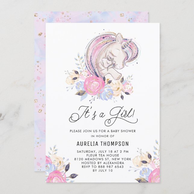 Mother and Baby Unicorn It's a Girl Baby Shower Invitation (Front/Back)