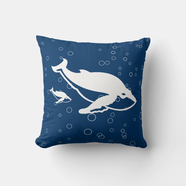 mother and baby white whale  on blue throw pillow (Front)