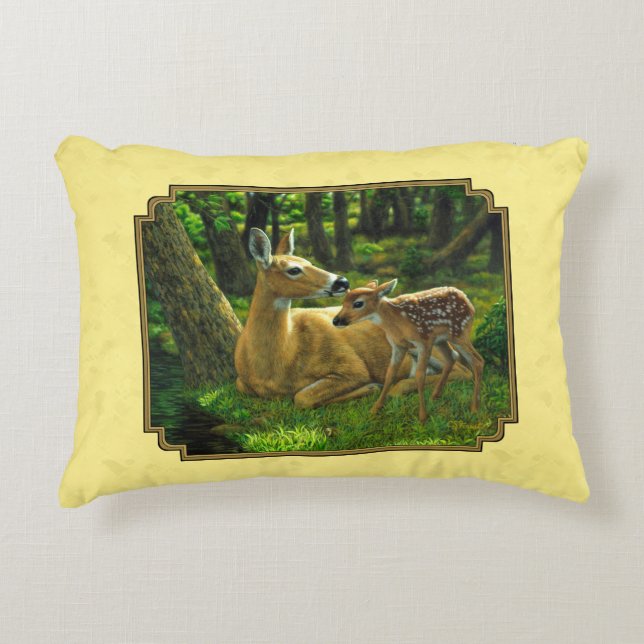 Mother and Baby Whitetail Deer Yellow Accent Pillow (Front)