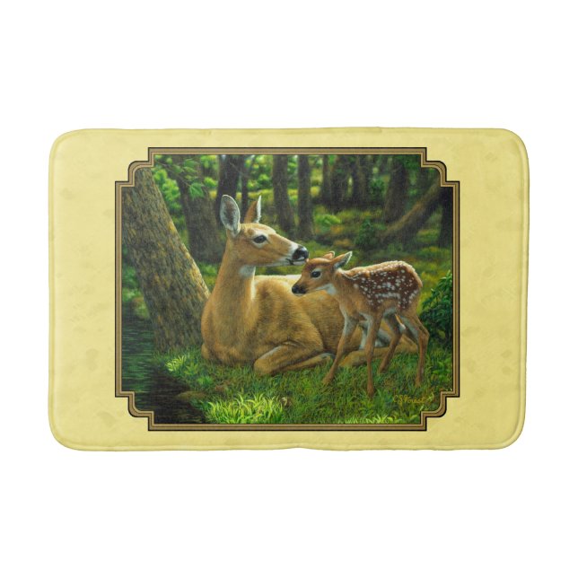 Mother and Baby Whitetail Deer Yellow Bathroom Mat (Front)