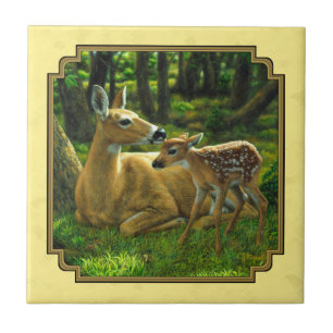 Mother and Baby Whitetail Deer Yellow Ceramic Tile