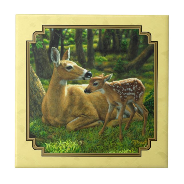 Mother and Baby Whitetail Deer Yellow Ceramic Tile (Front)