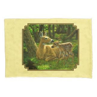 Mother and Baby Whitetail Deer Yellow Pillowcase