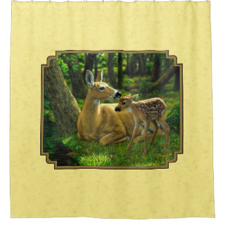 Mother and Baby Whitetail Deer Yellow Shower Curtain