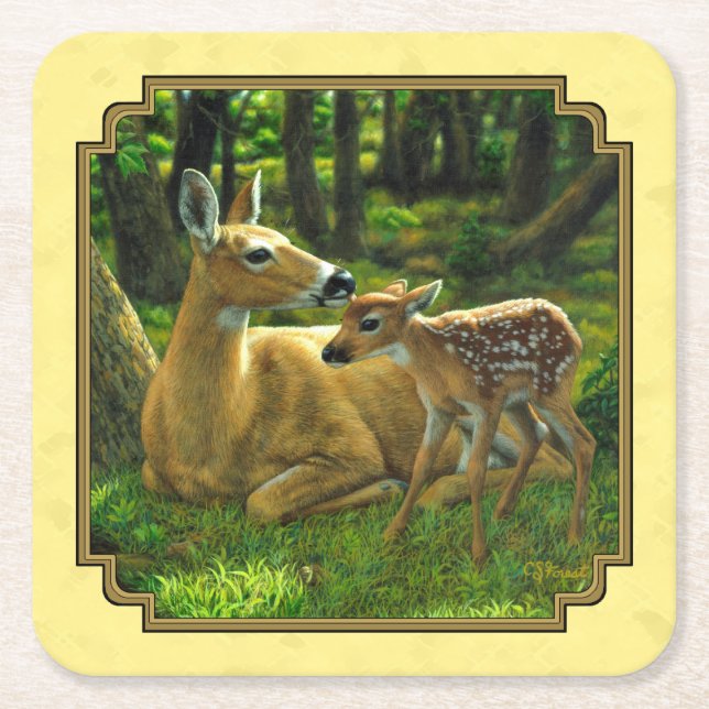 Mother and Baby Whitetail Deer Yellow Square Paper Coaster (Front)
