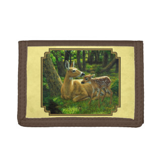Mother and Baby Whitetail Deer Yellow Tri-fold Wallet
