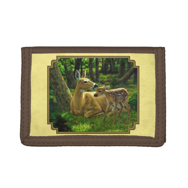 Mother and Baby Whitetail Deer Yellow Tri-fold Wallet (Front)