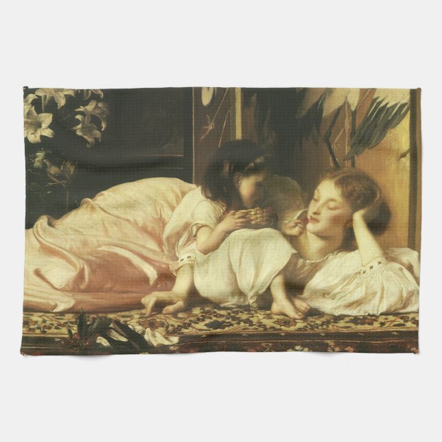 Mother and Child (aka Cherries) by Lord Leighton Kitchen Towel (Horizontal)