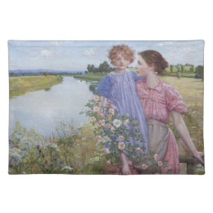 Mother and Child by a River With Wild Roses Cloth Placemat