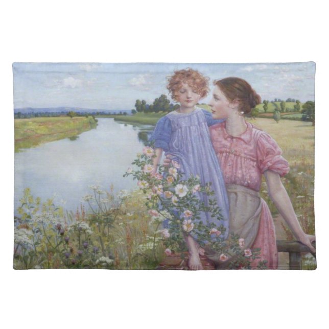Mother and Child by a River With Wild Roses Cloth Placemat (Front)