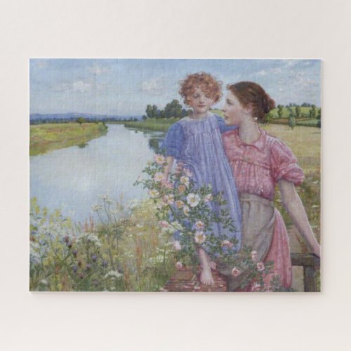 Mother and Child by a River With Wild Roses Jigsaw Puzzle