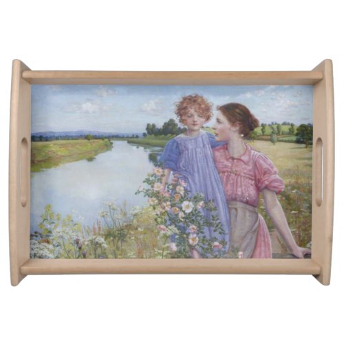 Mother and Child by a River With Wild Roses Serving Tray