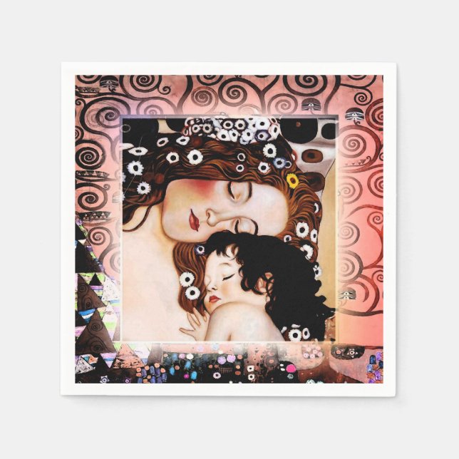 Mother and Child by Gustav Klimt Collage Paper Napkins (Front)