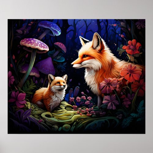 Mother and child fox poster