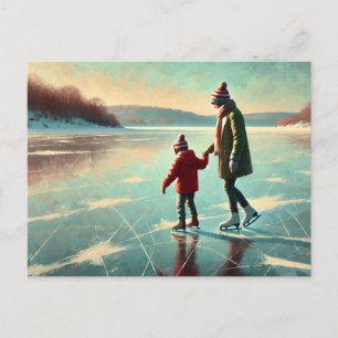 Mother and Child Ice Skating on a frozen lake Postcard