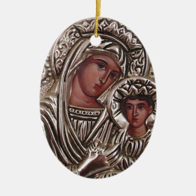 Mother and Child Icon, Madonna and Jesus in silver Ceramic Ornament (Front)
