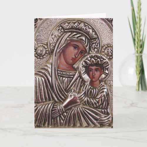 Mother and Child Icon Madonna and Jesus in silver Holiday Card