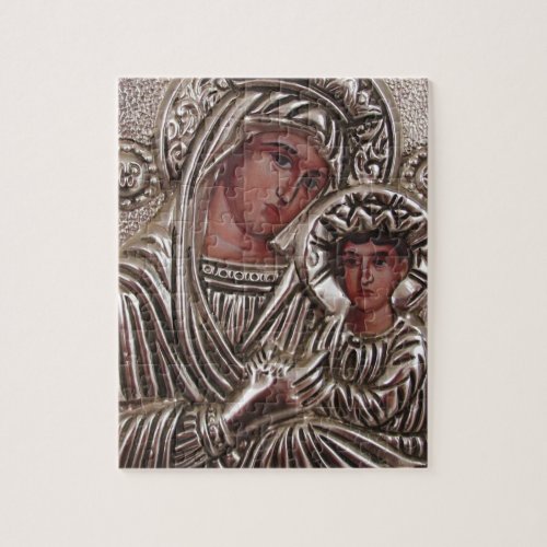 Mother and Child Icon Madonna and Jesus in silver Jigsaw Puzzle