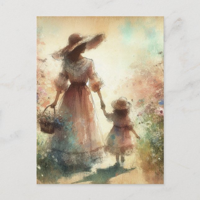 Mother and Child in Field of Flowers Mother's Day Postcard (Front)