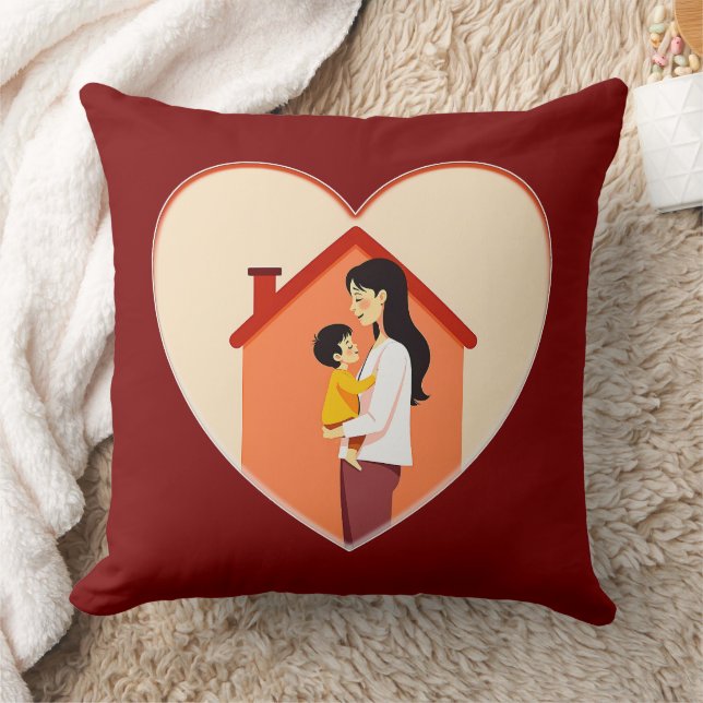 Mother and Child Love Illustration – Warm Family Throw Pillow (Blanket)