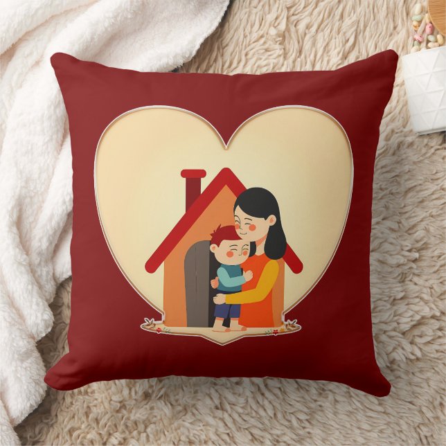 Mother and Child Love Illustration – Warm Family Throw Pillow (Blanket)