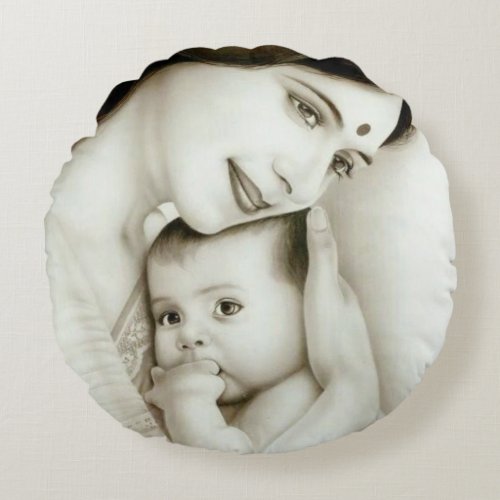 Mother and Child Watercolor Embrace Art Print Round Pillow