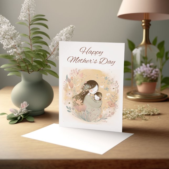 Mother and Child with Watercolor Flowers  Card (Creator Uploaded)
