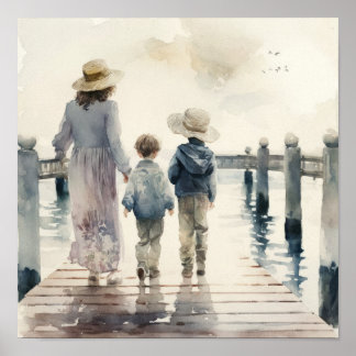 Mother and children by the sea poster