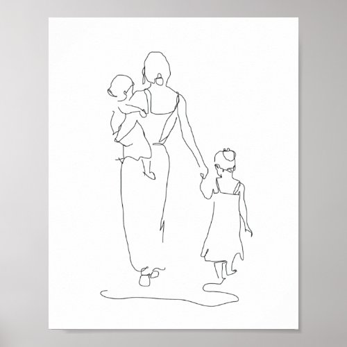 Mother and Children Line Art Family Illustration Poster