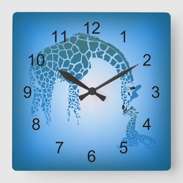 Mother and Cute Baby Giraffe | cerulean blue Square Wall Clock (Front)
