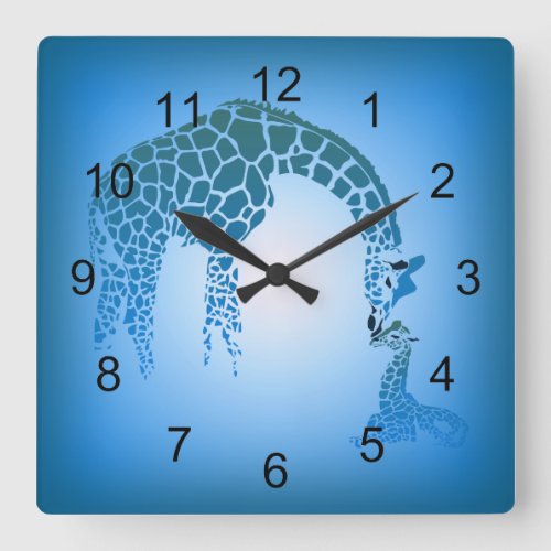 Mother and Cute Baby Giraffe  cerulean blue Square Wall Clock