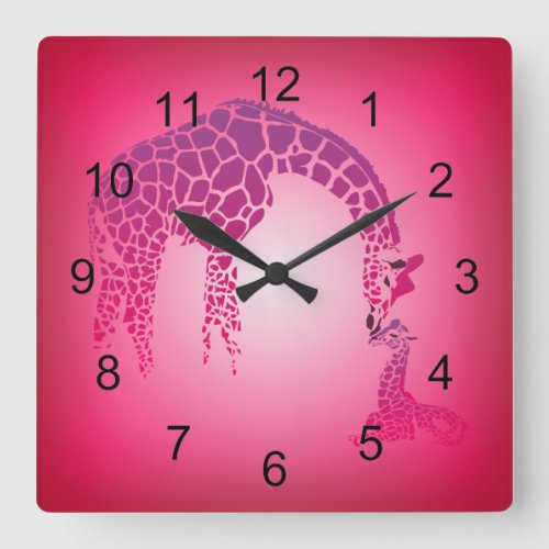 Mother and Cute Baby Giraffe  fuchsia Square Wall Clock