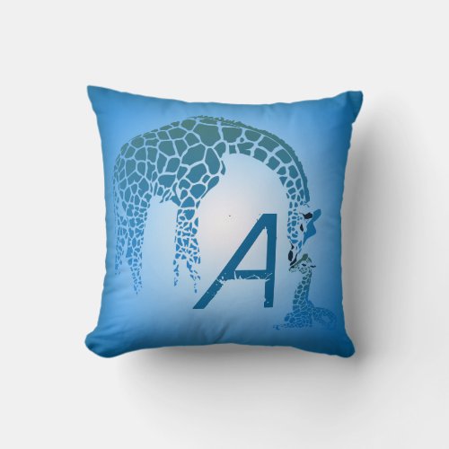 Mother and Cute Baby Giraffe Monogram  blue Throw Pillow