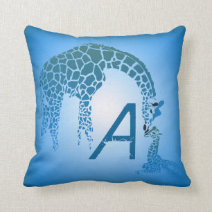 Mother and Cute Baby Giraffe Monogram blue Throw Pillow