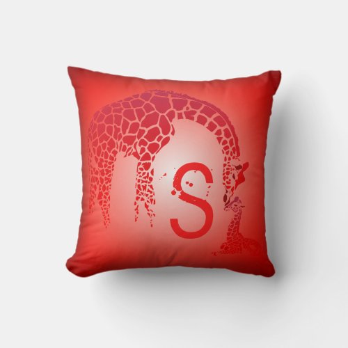 Mother and Cute Baby Giraffe Monogram  red Throw Pillow