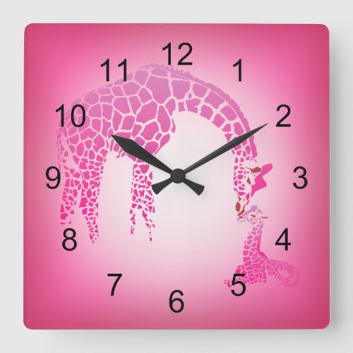 Mother and Cute Baby Giraffe  strawberry ice pink Square Wall Clock