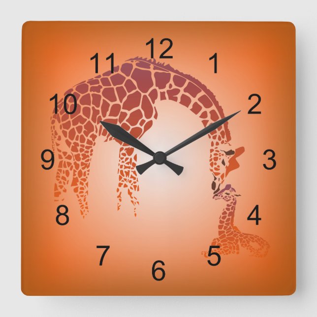 Mother and Cute Baby Giraffe | tangerine Square Wall Clock (Front)